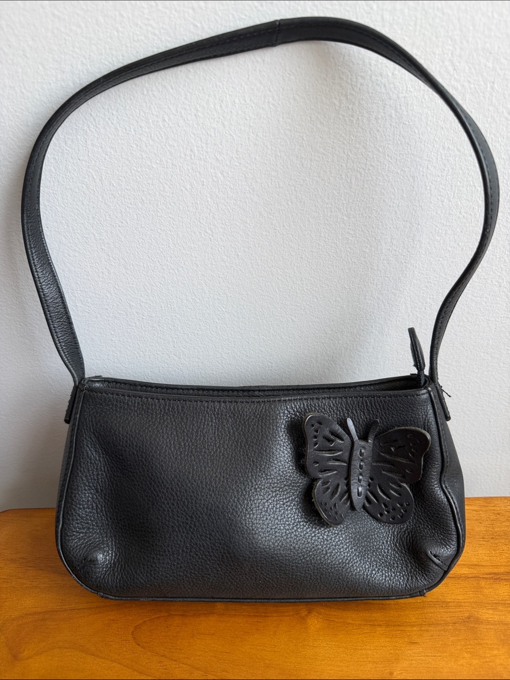 Y2k Mini Shoulder Bag Genuine Black Leather Butterfly - Vintage , Whimsigoth